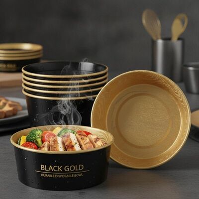 Auslaufsichere schwarze Gold-Papierschale mit 230 g/m² Papier und Goldfolie für 1,5 oz bis 4 oz Lebensmittel